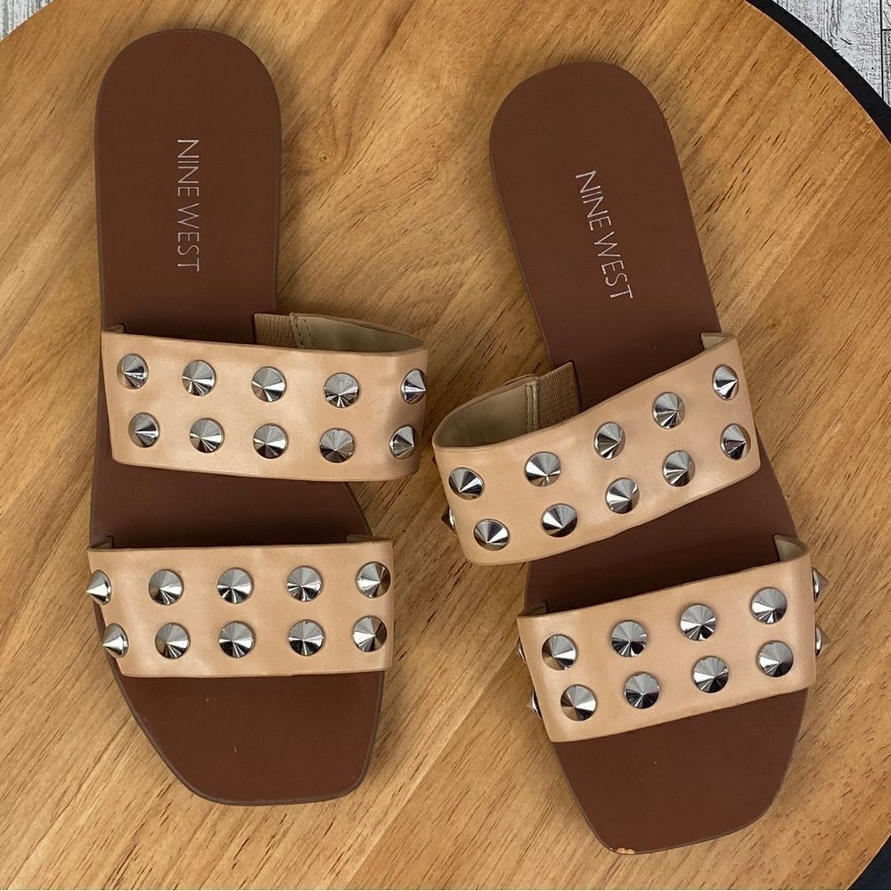 Nine West Brynli3 Studded Dual Strap Slide Sandals Tan Silver 7
